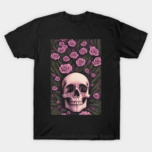 Skull and Roses | Life and Death | Beautiful Skull and Flowers | Floral Skull Artwork T-Shirt